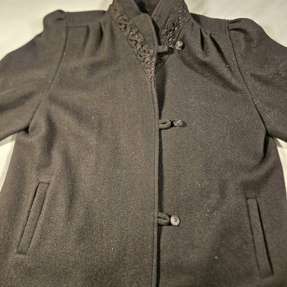 Julia Klein 3 Button Black Pea Coat with Lace Collar Vintage with Shoulder Pads - Picture 7 of 13